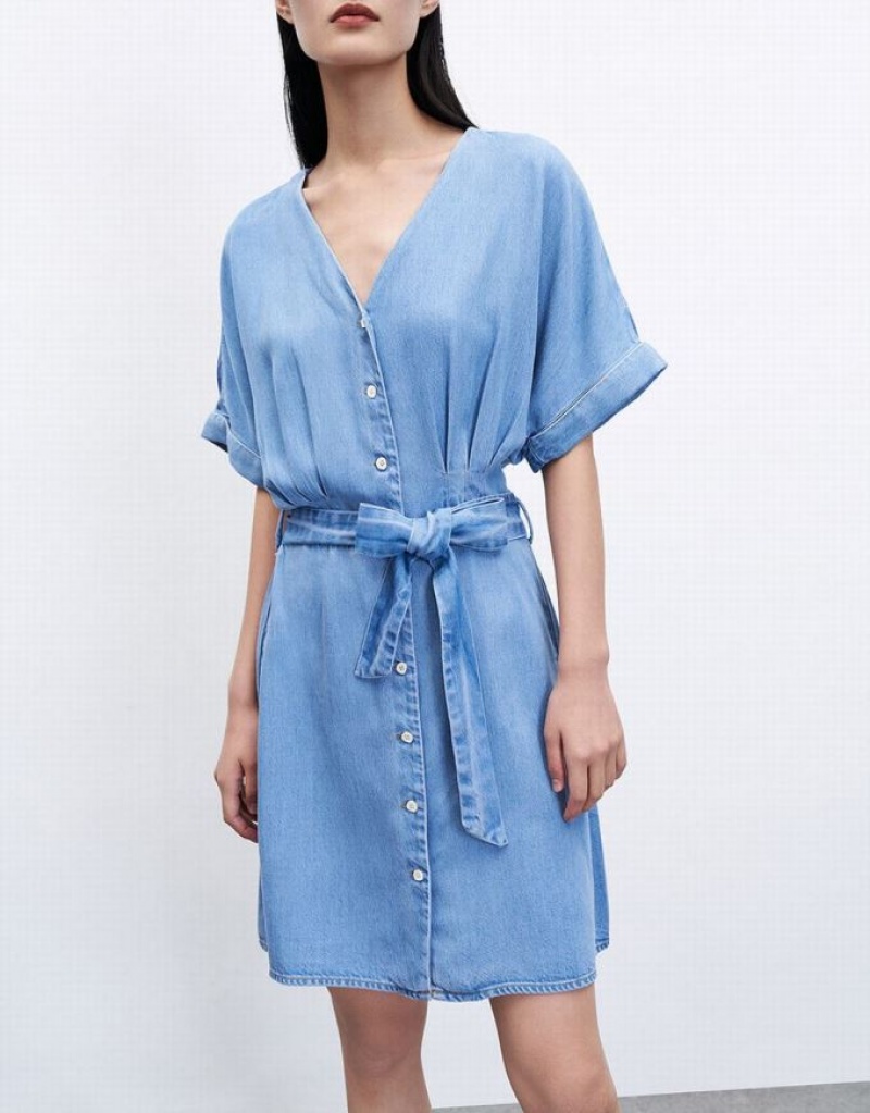 Urban Revivo Button Front Belted Women's Denim Dress Blue | UCSTDWI-20