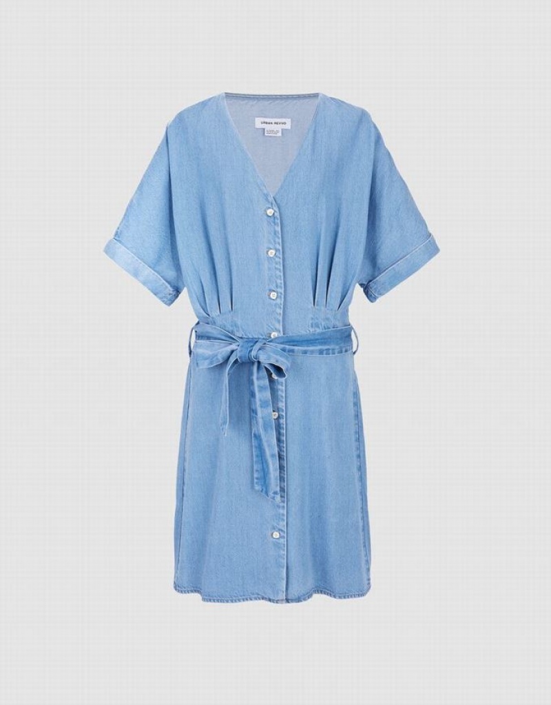 Urban Revivo Button Front Belted Women\'s Denim Dress Blue | UCSTDWI-20