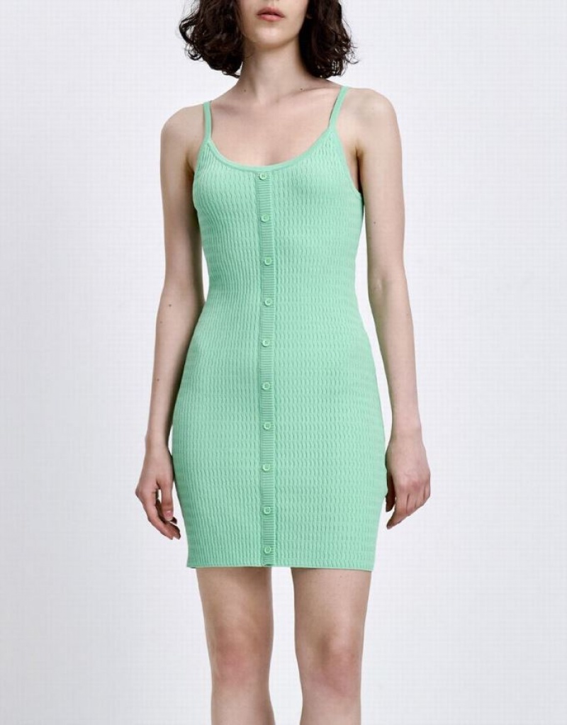 Urban Revivo Button Front Ribbed Cami Women's Knitted Dress Green | NQLMJYS-65