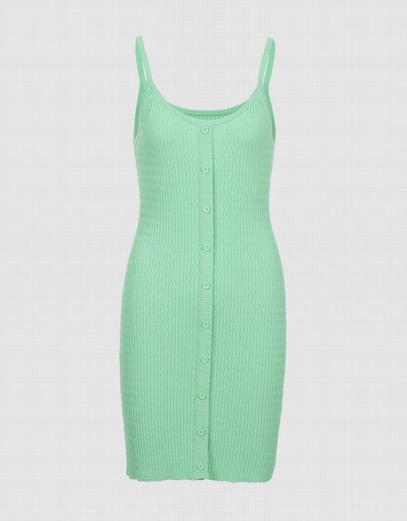 Urban Revivo Button Front Ribbed Cami Women\'s Knitted Dress Green | NQLMJYS-65