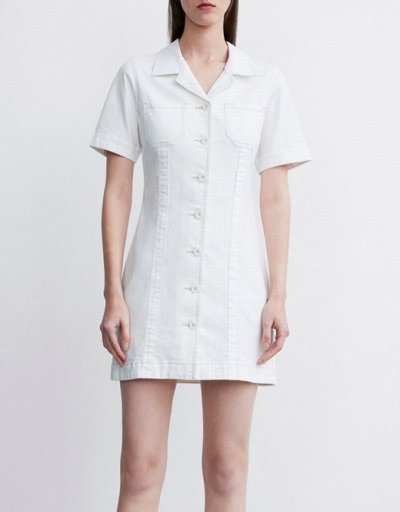 Urban Revivo Button Front Women's Denim Dress White | PISZWRT-16