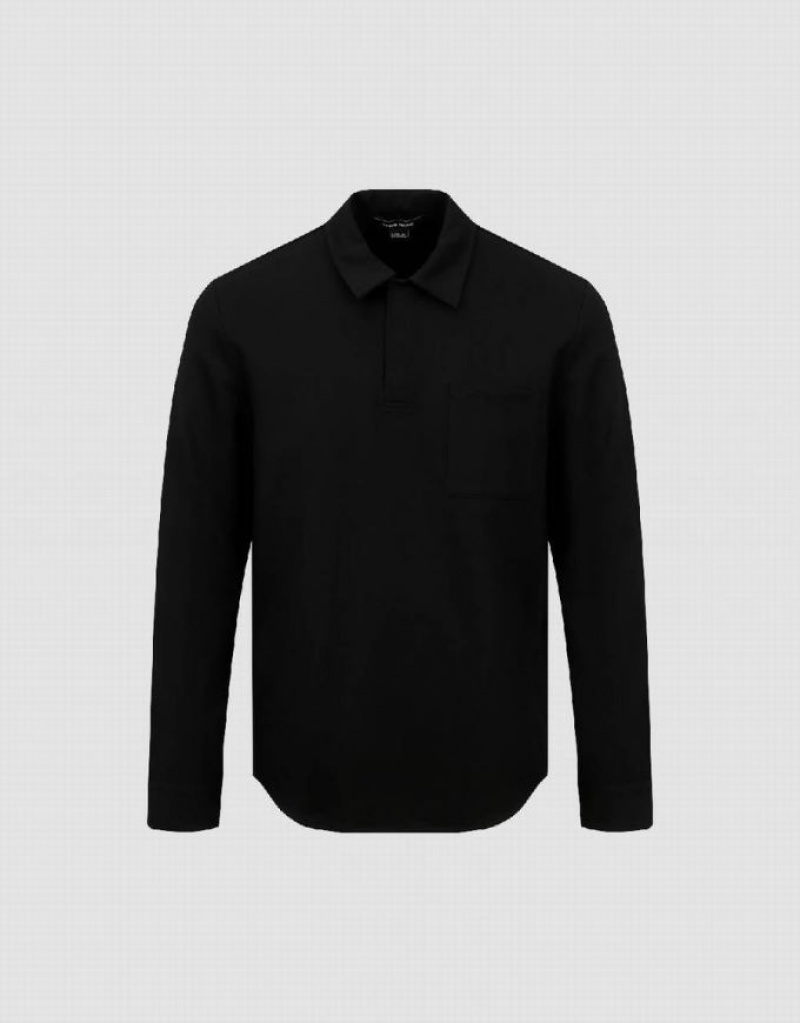 Urban Revivo Button Half Placket Straight Men's Polo Shirts Black | KGAENUT-07