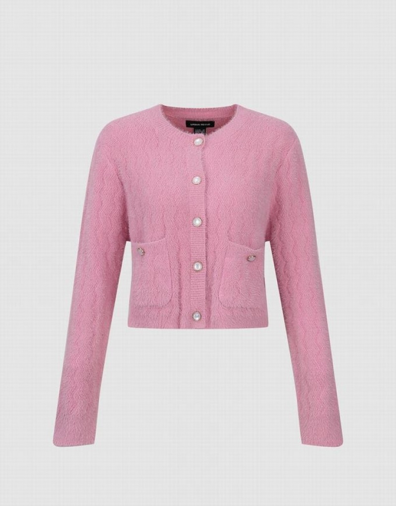 Urban Revivo Button Up Crew Neck Knitted Women's Cardigan Pink | EBUPTXF-83