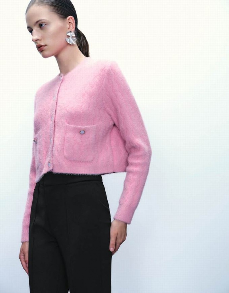 Urban Revivo Button Up Crew Neck Knitted Women's Cardigan Pink | EBUPTXF-83