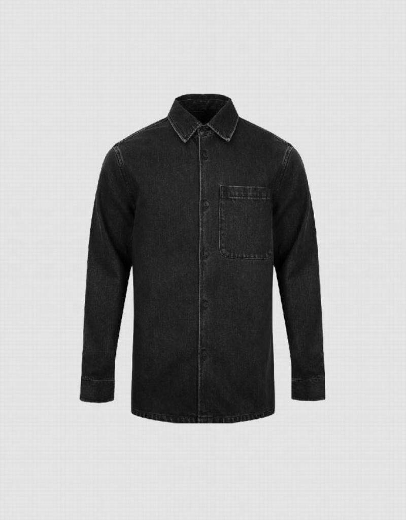 Urban Revivo Button Up Denim Men's Shirts Dark Grey | EJOCWYU-18