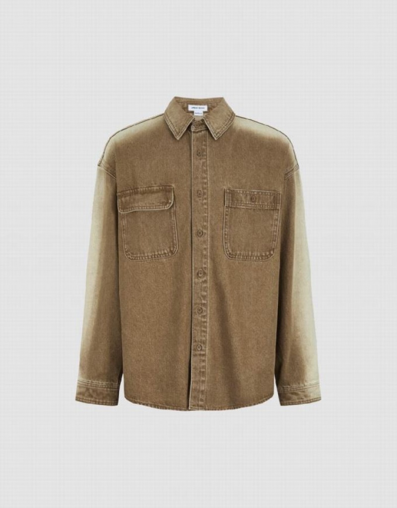 Urban Revivo Button Up Denim Men's Shirts Khaki | LORYBCV-80