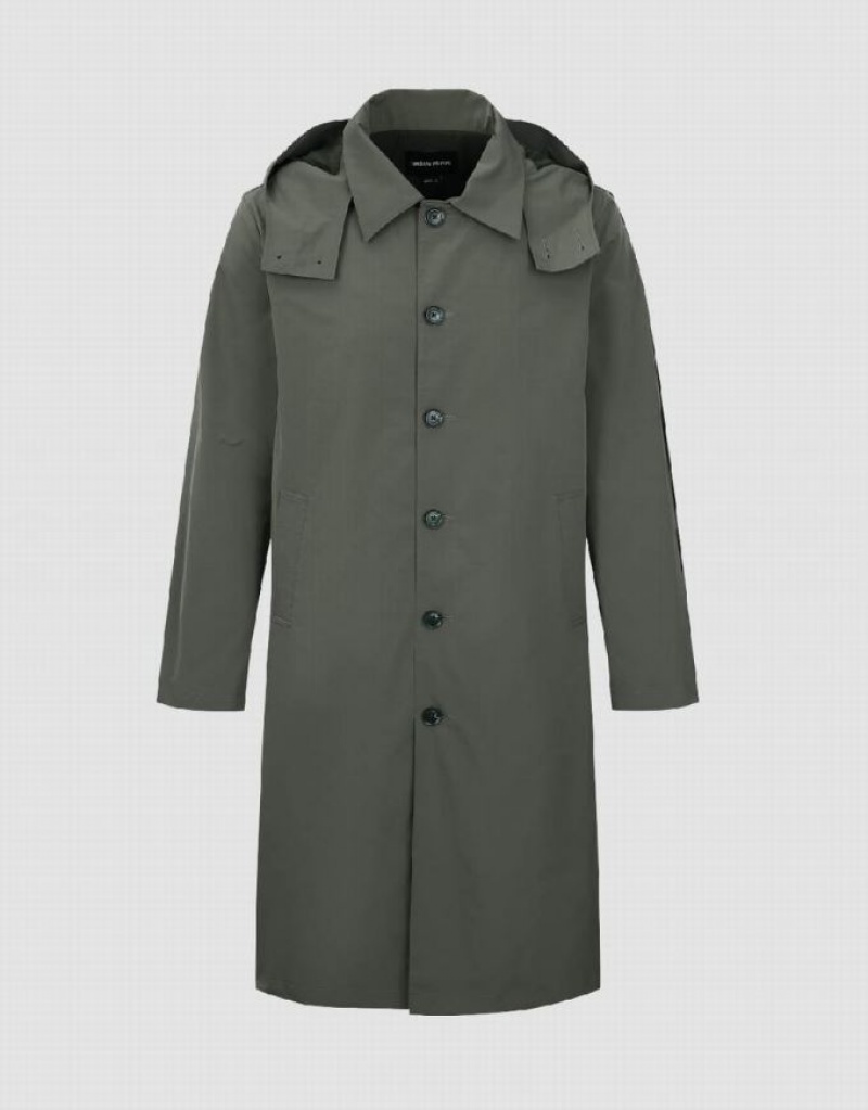 Urban Revivo Button Up Hooded Trench Men's Trench Coat Green | IAPTZDQ-58