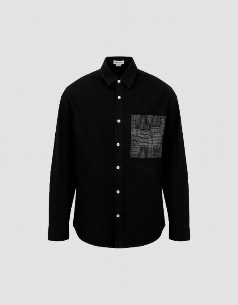 Urban Revivo Button Up Loose Denim Men's Shirts Black | ANWCFTE-29