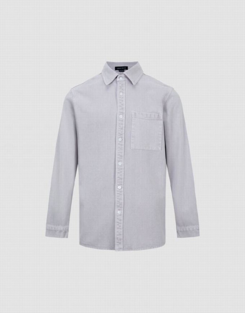 Urban Revivo Button Up Loose Denim Men's Shirts Light Grey | BLZQYGF-60