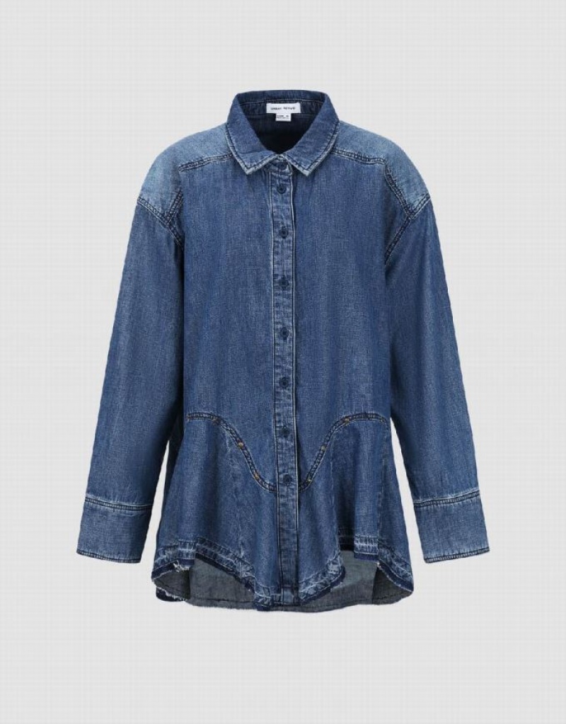 Urban Revivo Button Up Loose Denim Women's Shirts Blue | AXYDCBT-40