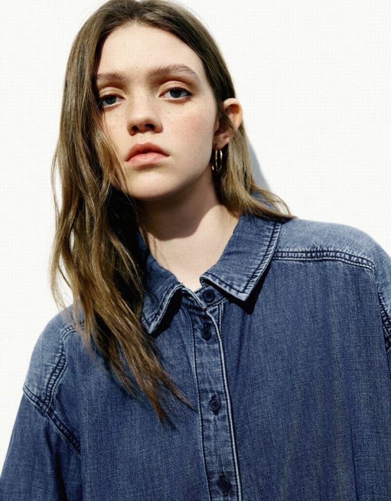 Urban Revivo Button Up Loose Denim Women's Shirts Blue | AXYDCBT-40