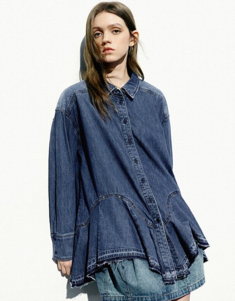 Urban Revivo Button Up Loose Denim Women\'s Shirts Blue | AXYDCBT-40