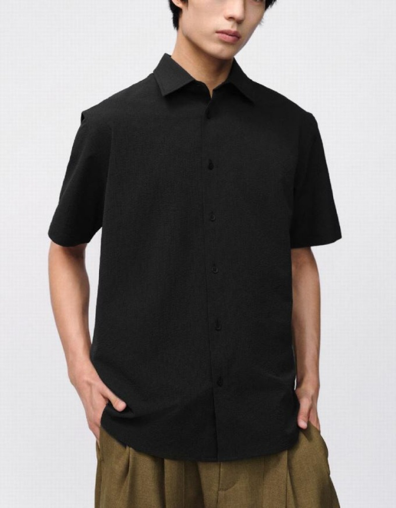 Urban Revivo Button Up Loose Men's Shirts Black | CJGTPZH-84