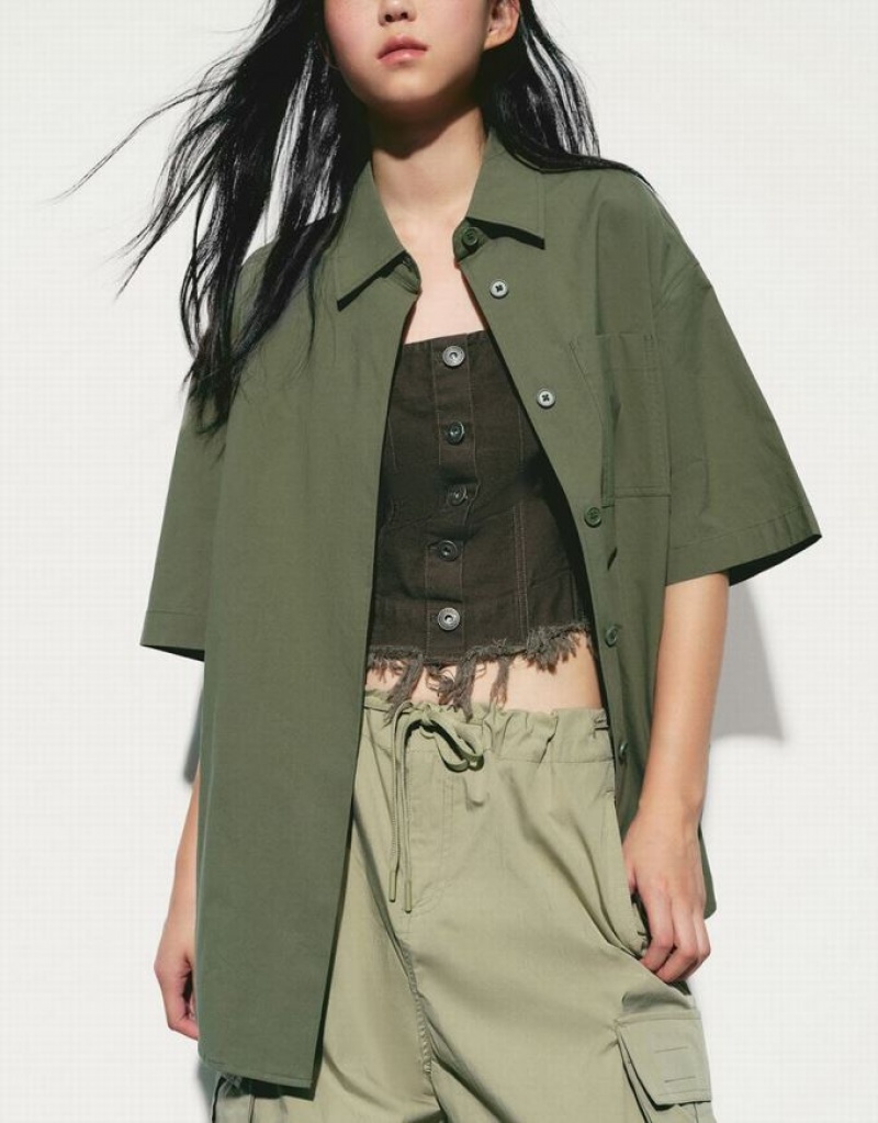 Urban Revivo Button Up Loose Women's Shirts Green | BRLOCXJ-47