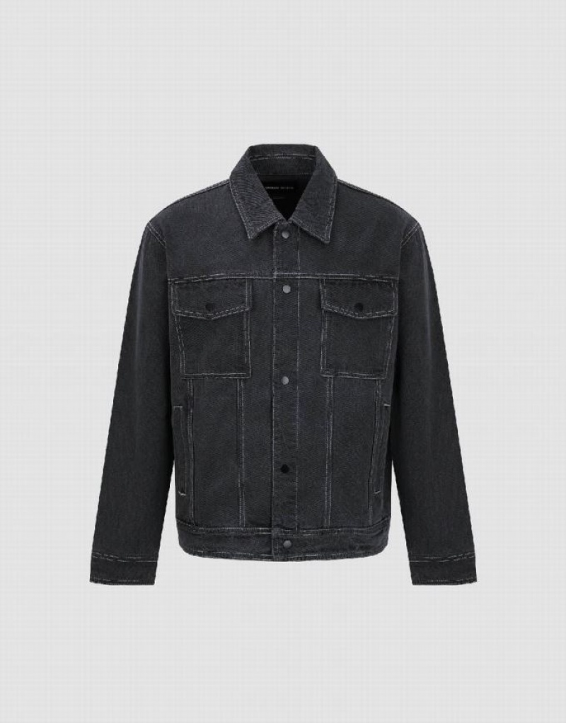 Urban Revivo Button Up Men's Denim Jackets Dark Grey | IUBPTJG-09