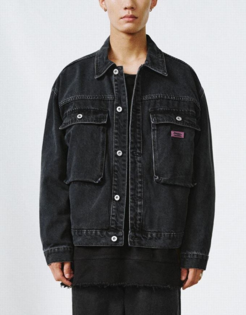 Urban Revivo Button Up Men's Denim Jackets Black | TIZXCYJ-60