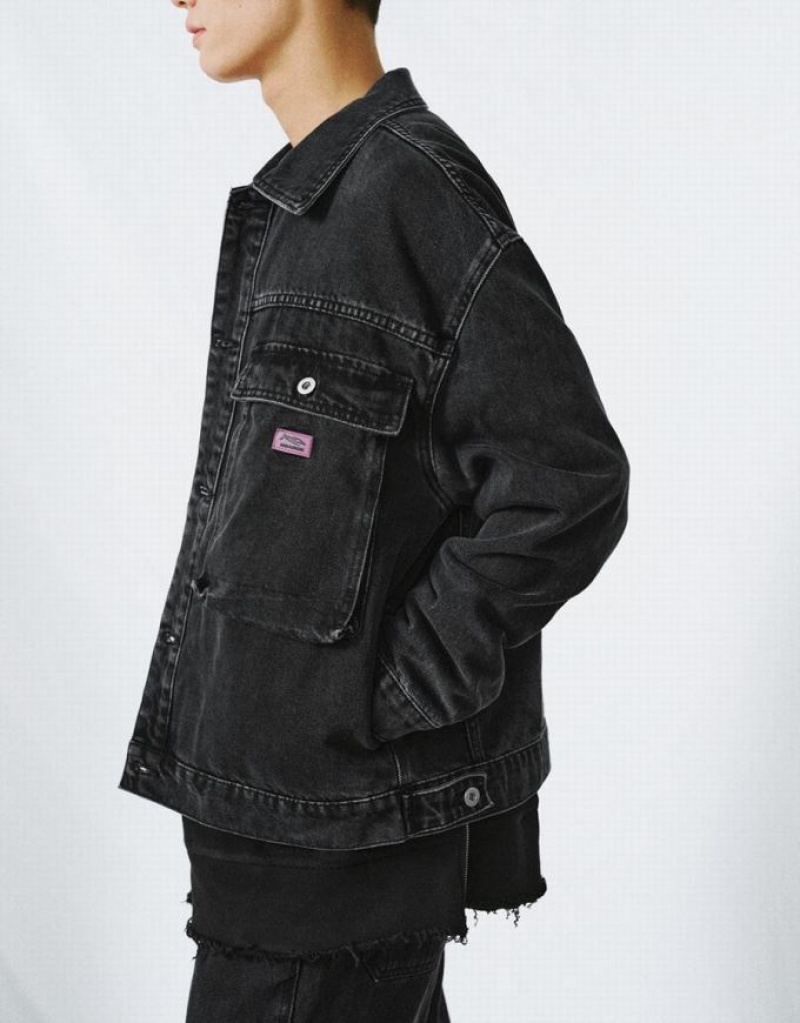 Urban Revivo Button Up Men's Denim Jackets Black | TIZXCYJ-60