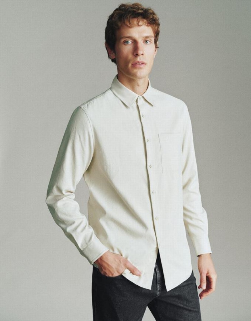 Urban Revivo Button Up Men's Shirts Khaki | NSJXDBU-84