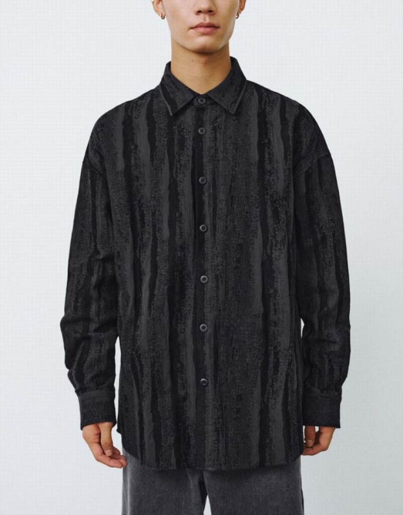 Urban Revivo Button Up Printed Loose Men's Shirts Black | KWFCGUO-29