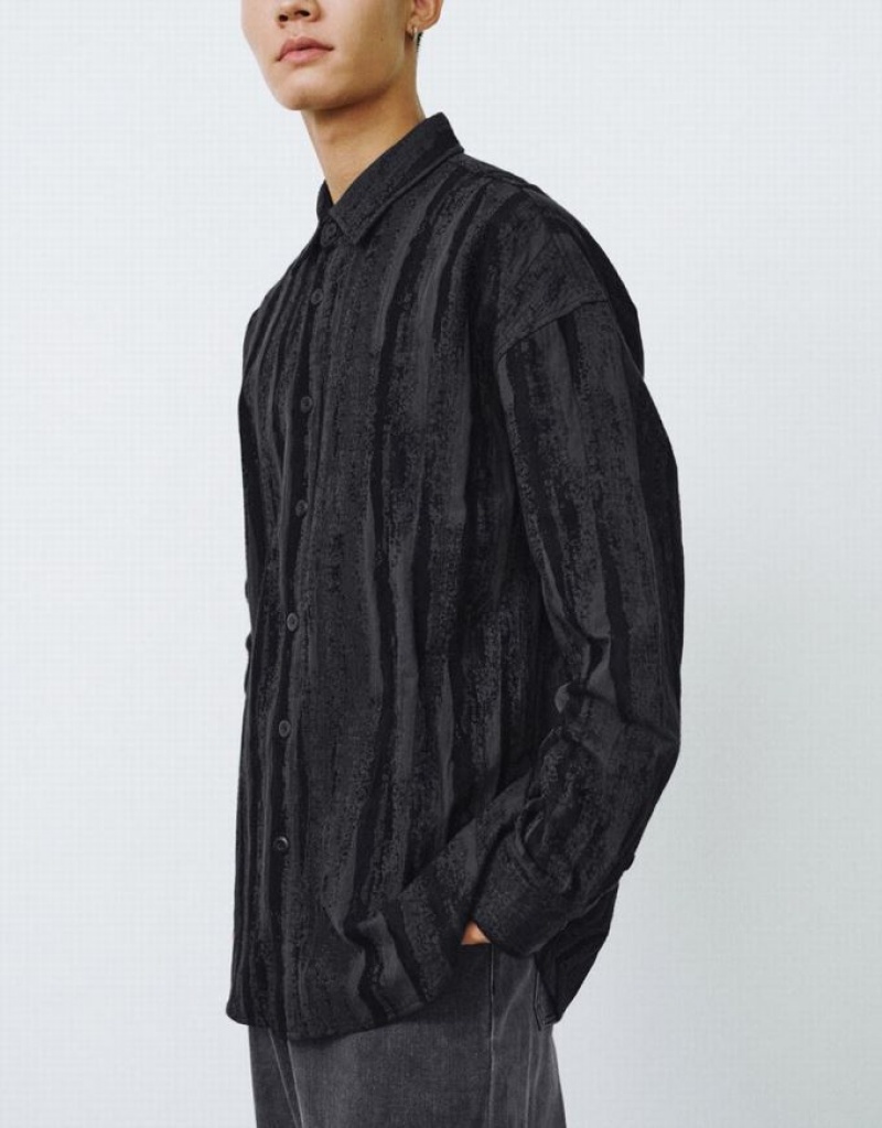 Urban Revivo Button Up Printed Loose Men's Shirts Black | KWFCGUO-29