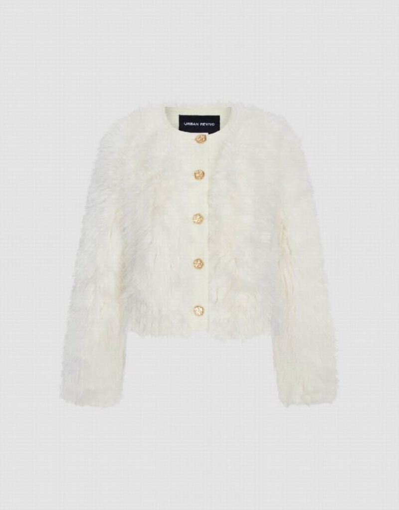 Urban Revivo Button Up Straight Furry Women's Coats White | IBNTMPA-38