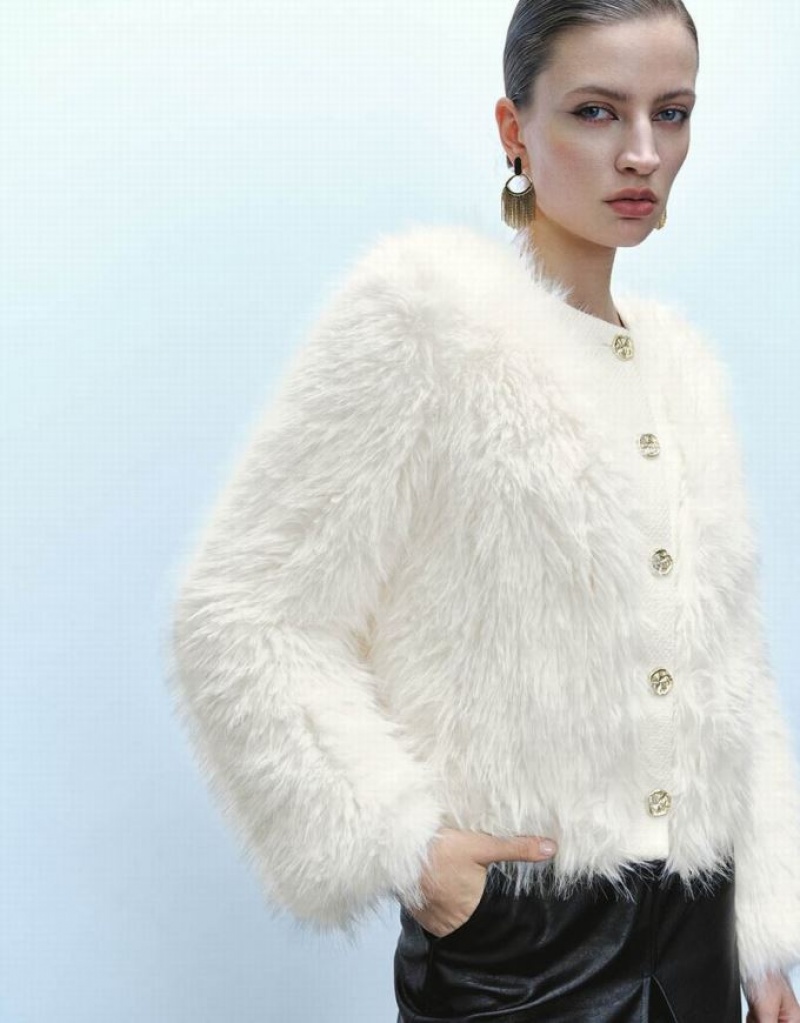 Urban Revivo Button Up Straight Furry Women's Coats White | IBNTMPA-38