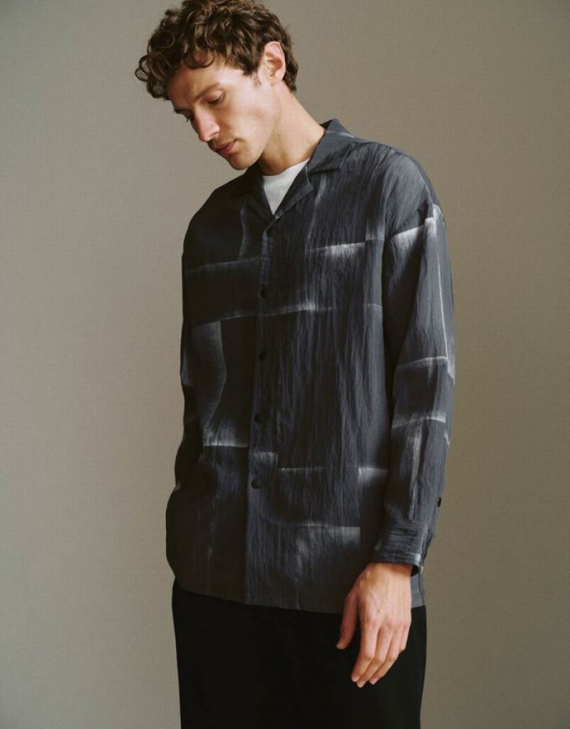 Urban Revivo Button Up Straight Loose Men's Shirts Grey | FHCIQJG-48