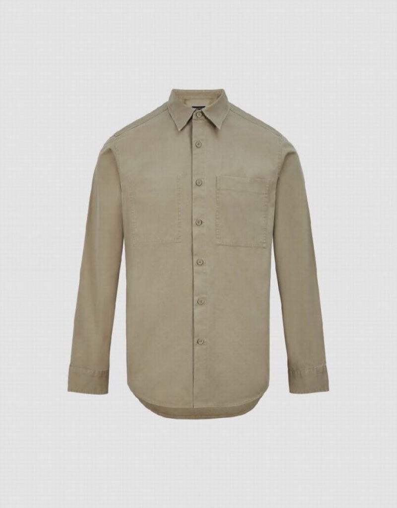 Urban Revivo Button Up Straight Men's Shirts Khaki | YHGNOIF-35