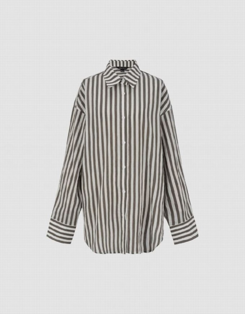 Urban Revivo Button Up Straight Women's Shirts Stripes | UQVYMST-47