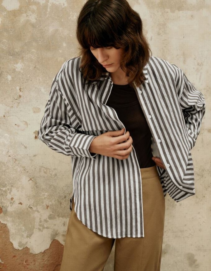 Urban Revivo Button Up Straight Women's Shirts Stripes | UQVYMST-47