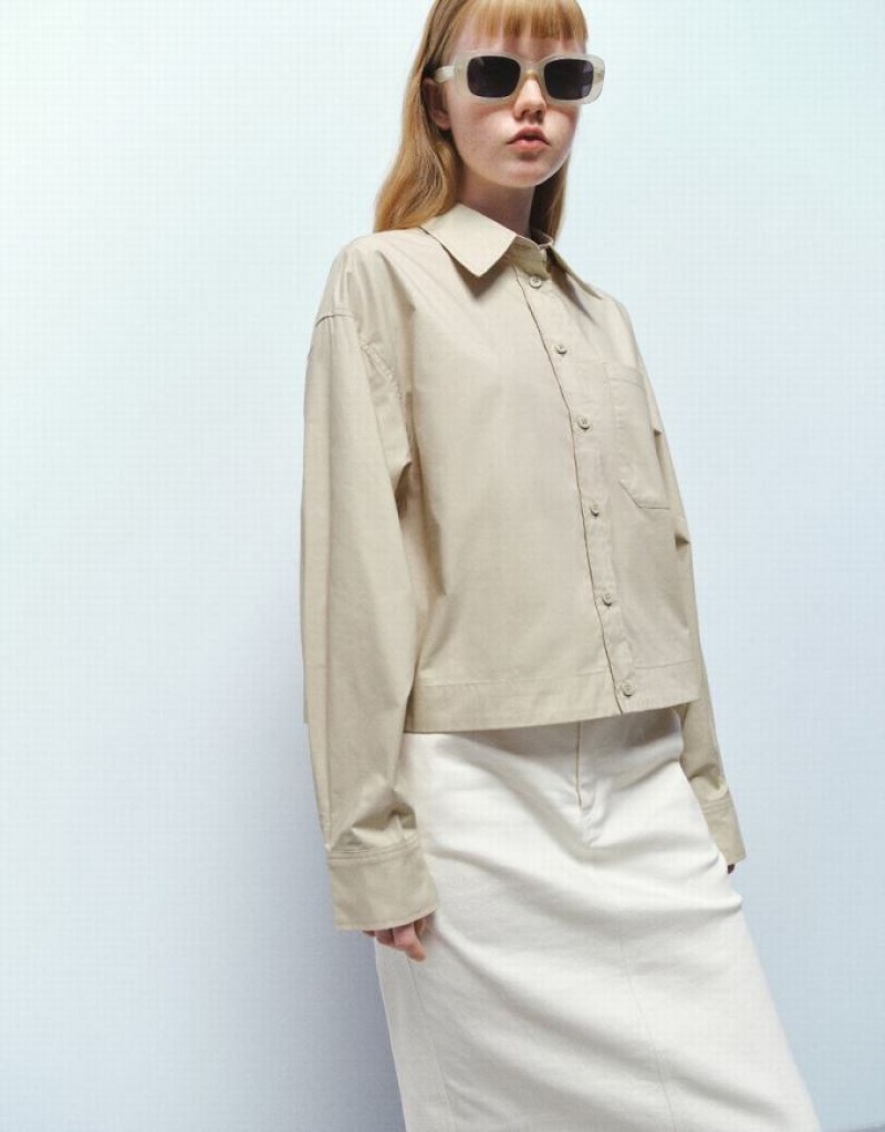 Urban Revivo Button Up Straight Women's Shirts Khaki | TWHKAJP-57