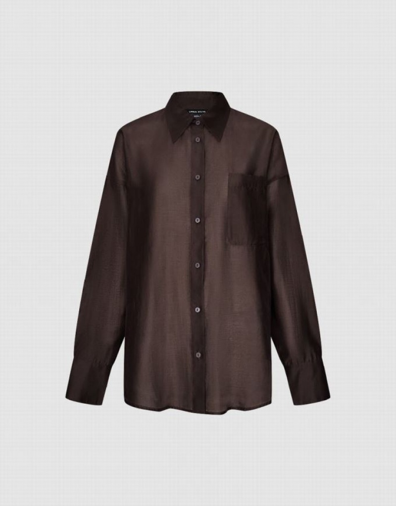 Urban Revivo Button Up Straight Women's Shirts Coffee | FJISXBG-49