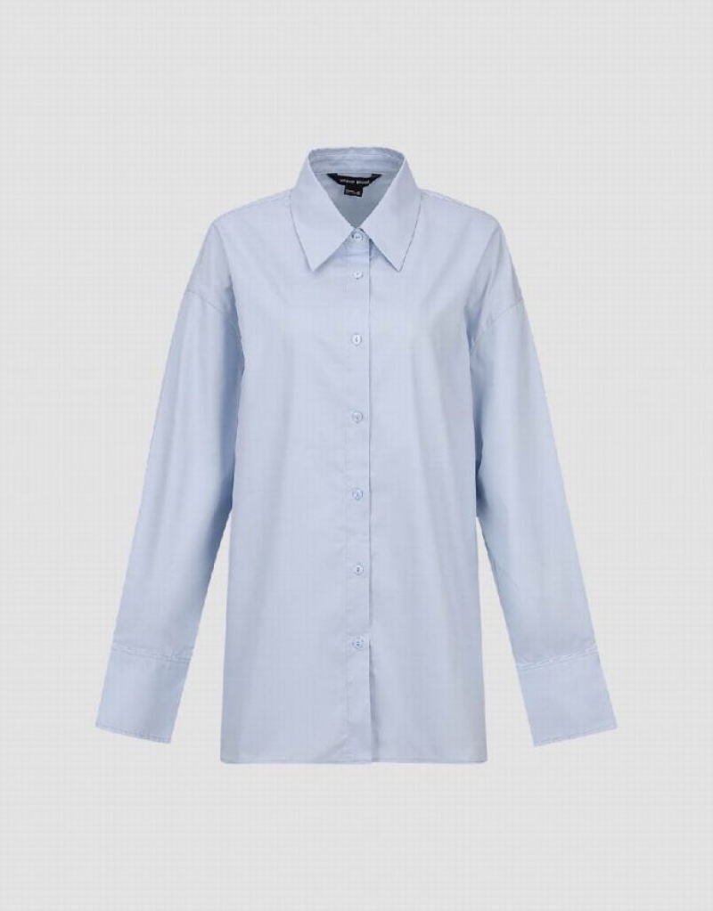 Urban Revivo Button Up Straight Women's Shirts Blue | ZKFUNYR-40