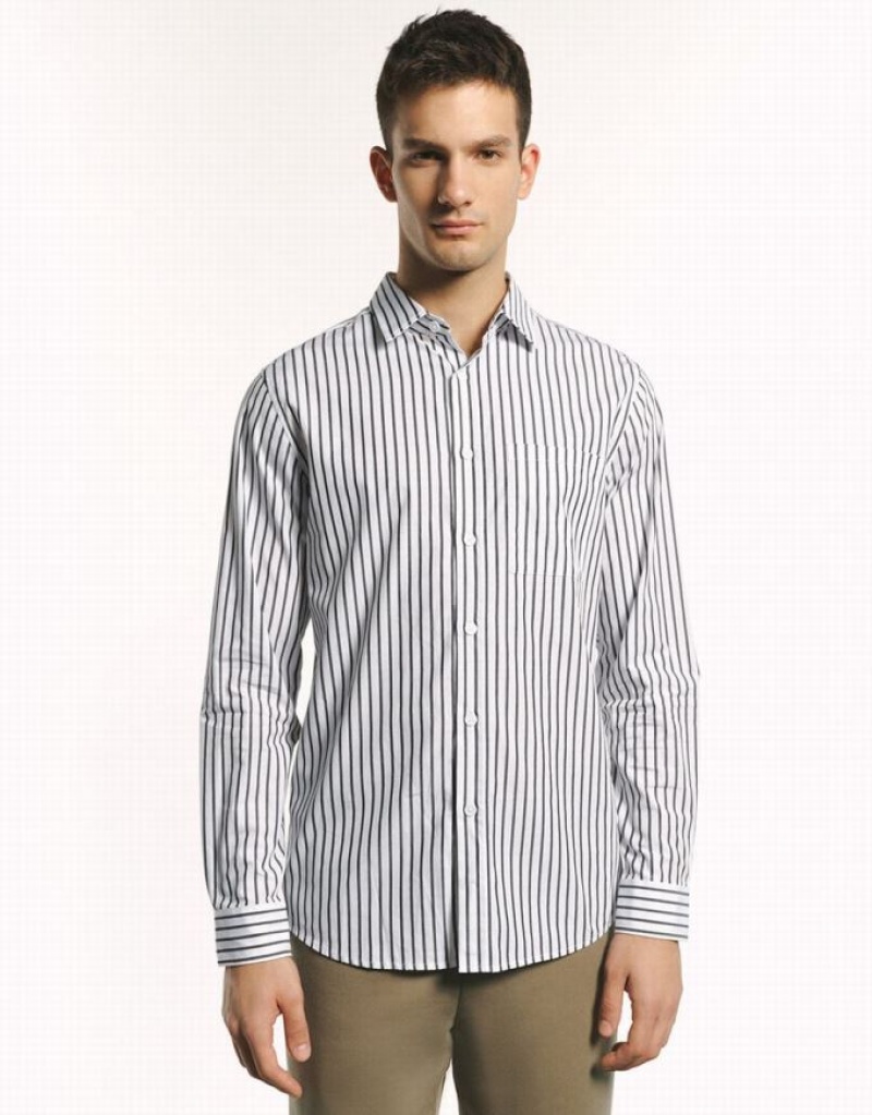 Urban Revivo Button Up Striped Men\'s Shirts Grey | BORYDVK-25