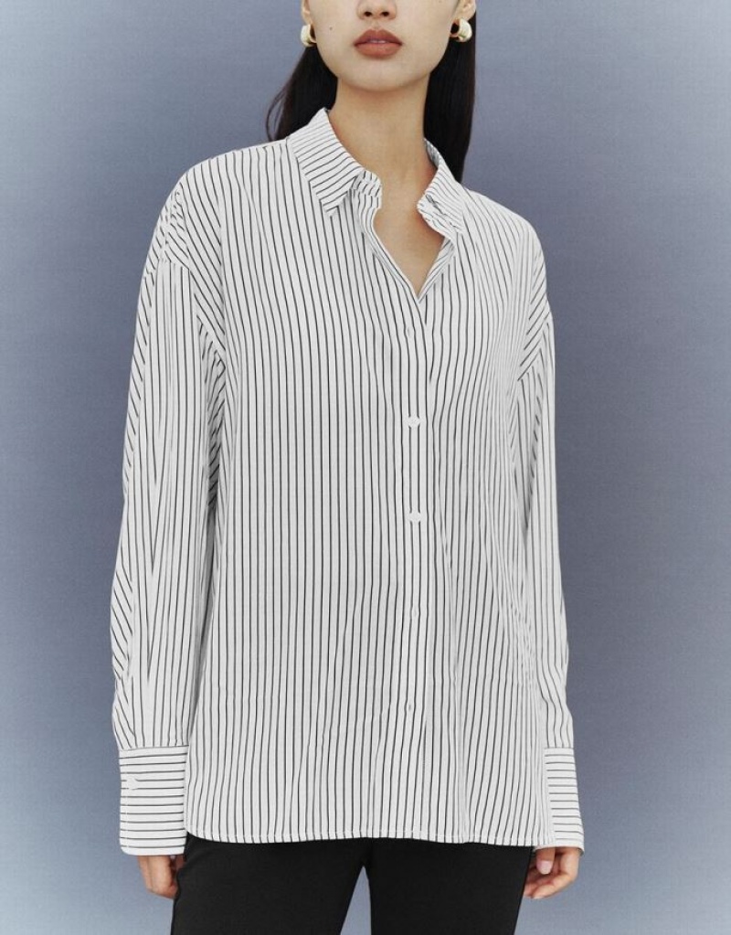 Urban Revivo Button Up Striped Straight Women's Shirts White | KXSLMEY-97