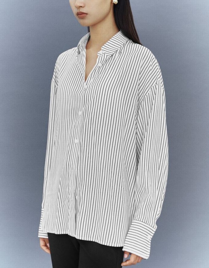 Urban Revivo Button Up Striped Straight Women's Shirts White | KXSLMEY-97