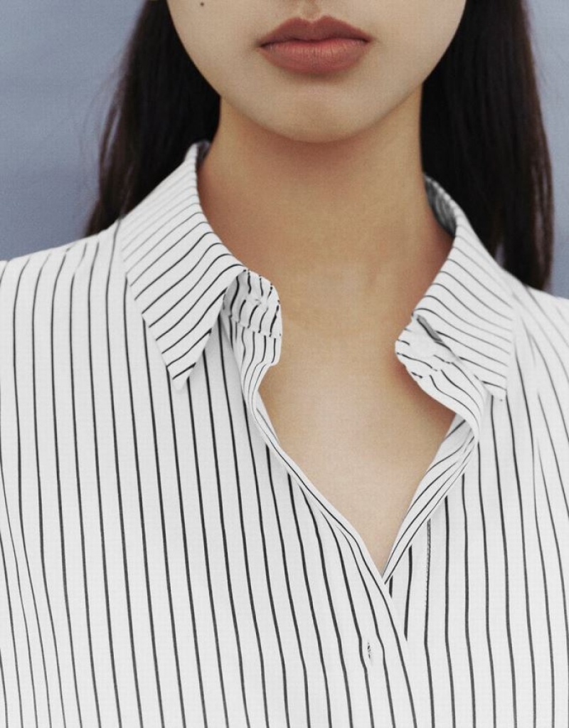 Urban Revivo Button Up Striped Straight Women's Shirts White | KXSLMEY-97