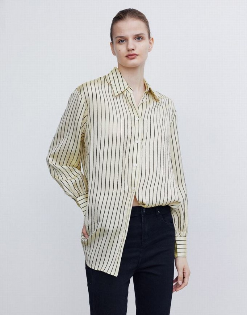 Urban Revivo Button Up Women's Shirts Stripes | FTQDBLE-90