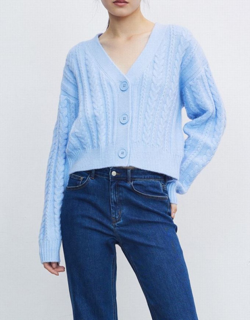 Urban Revivo Cable Knit Button Up Women's Cardigan Blue | QANUSWK-75