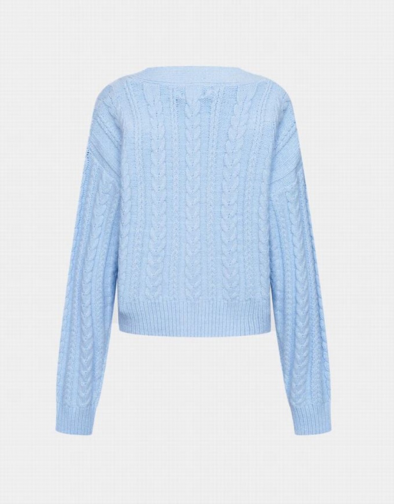 Urban Revivo Cable Knit Button Up Women's Cardigan Blue | QANUSWK-75