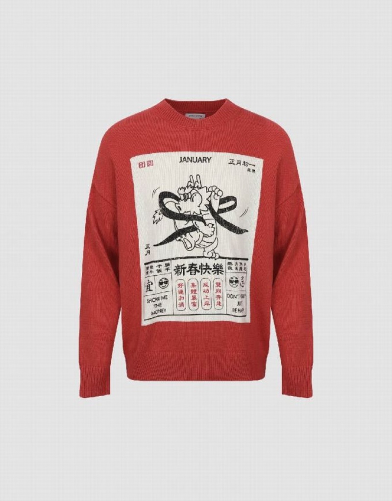 Urban Revivo Calendar Printed Men's Sweaters Red | UHFNCGL-28