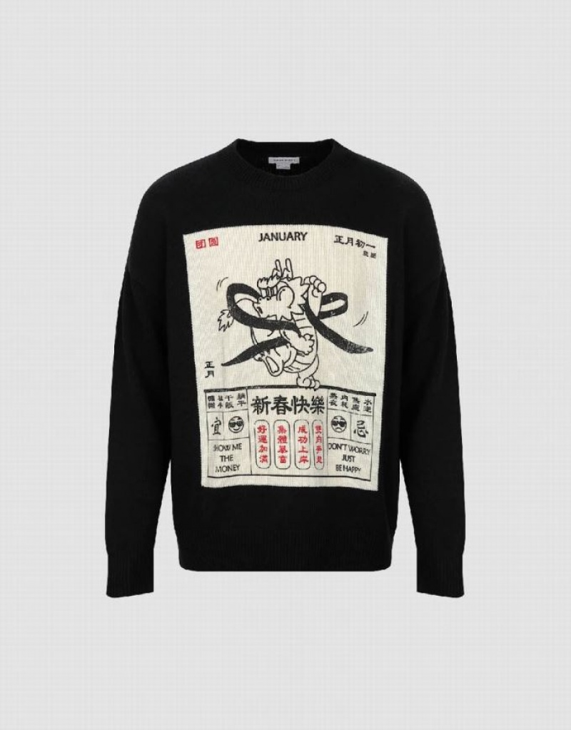 Urban Revivo Calendar Printed Men's Sweaters Black | QVMWYBK-83