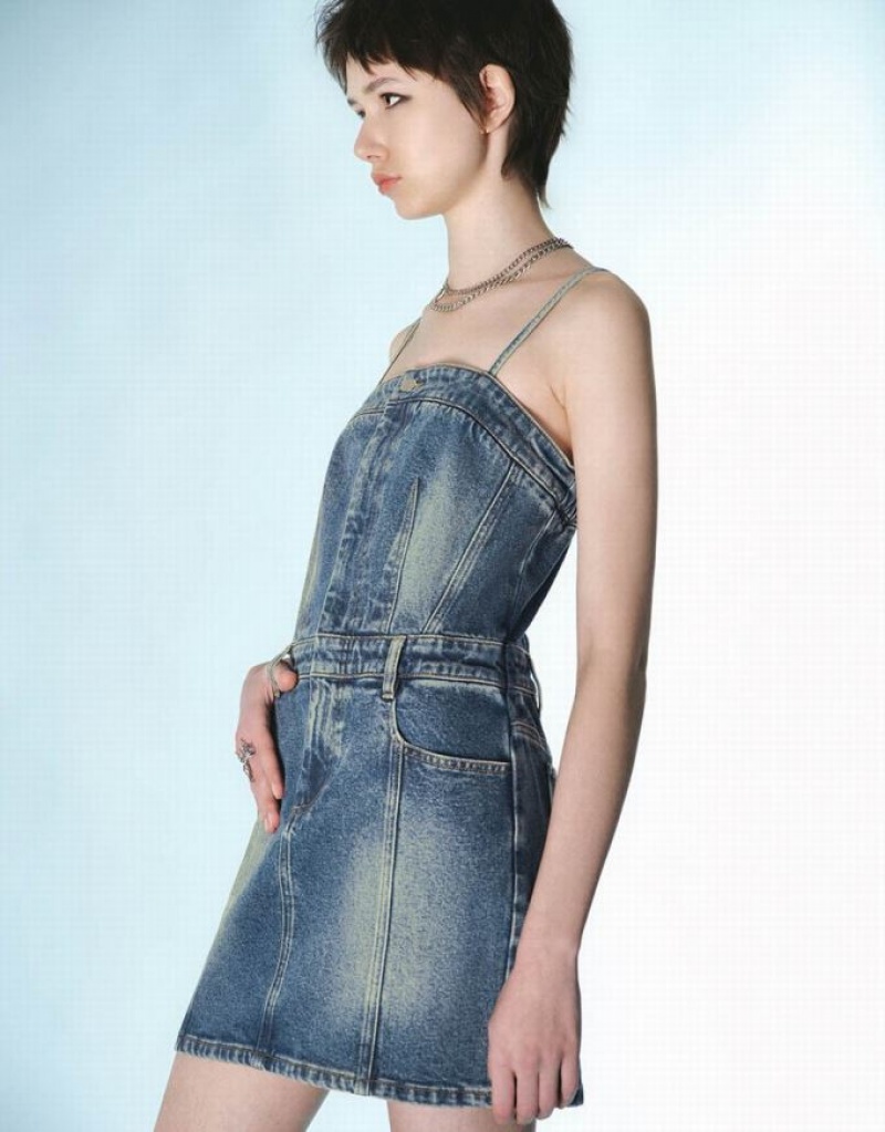 Urban Revivo Cami Women's Denim Dress Blue | PHQCAYF-08