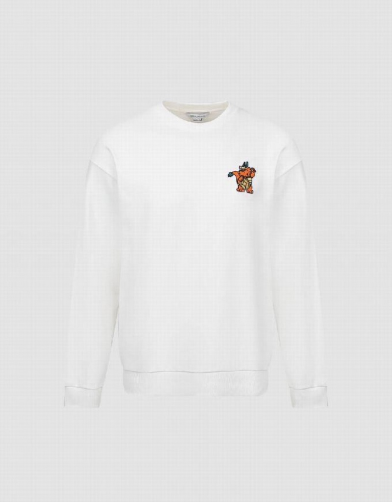 Urban Revivo Cartoon Embossed Crew Neck Men's Sweatshirts White | YIXKPUL-09