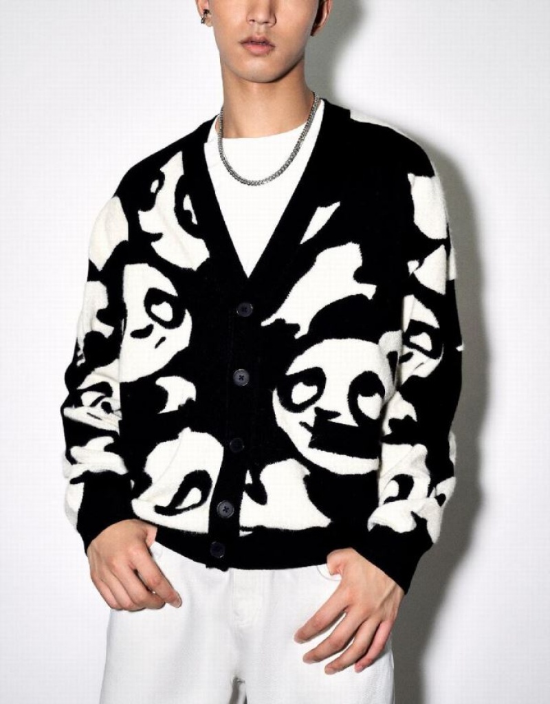 Urban Revivo Cartoon Knitted Men's Cardigan Black | KMNLXZW-80