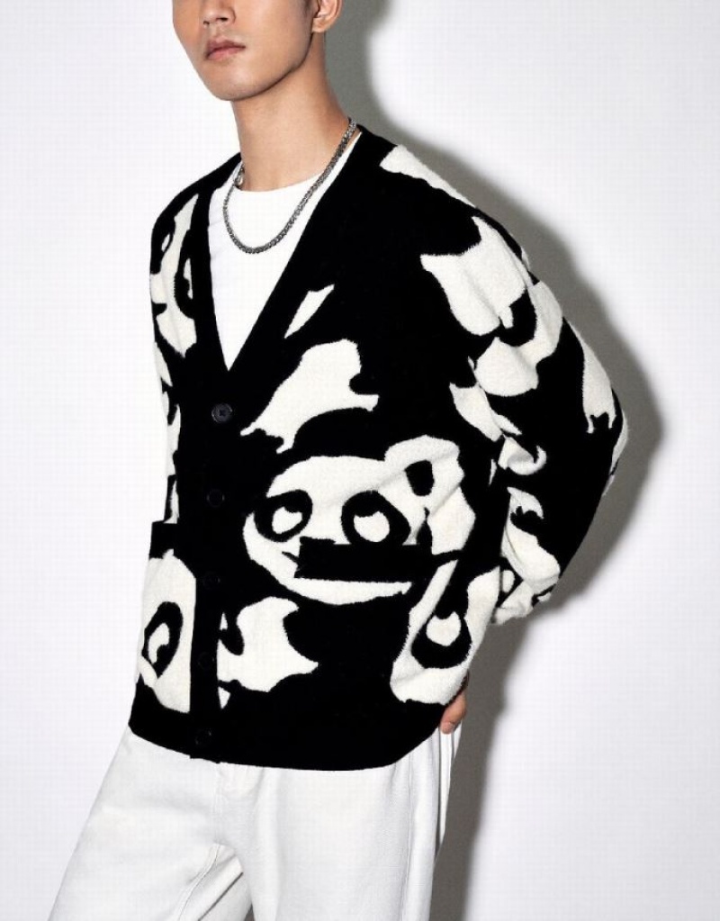 Urban Revivo Cartoon Knitted Men's Cardigan Black | KMNLXZW-80