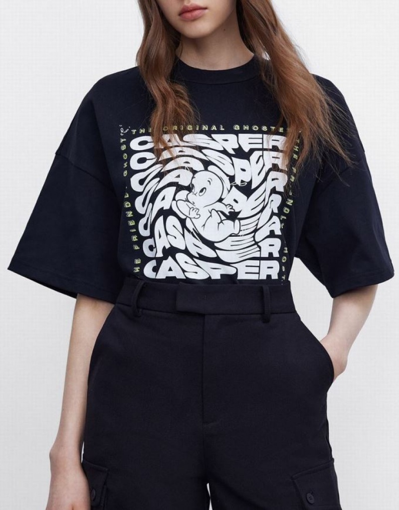 Urban Revivo Casper Oversized Women's T-Shirts Black | VTRFMXA-04