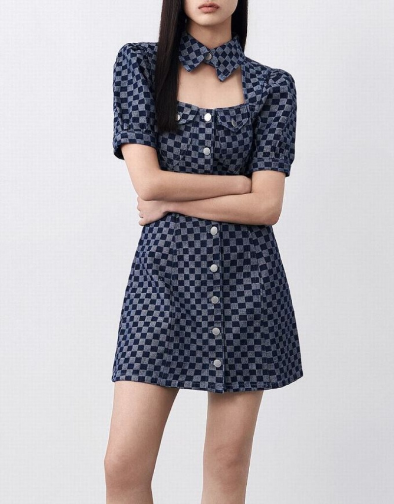 Urban Revivo Checkered Cut Out Front Women's Denim Dress Blue | FMVIXKN-76