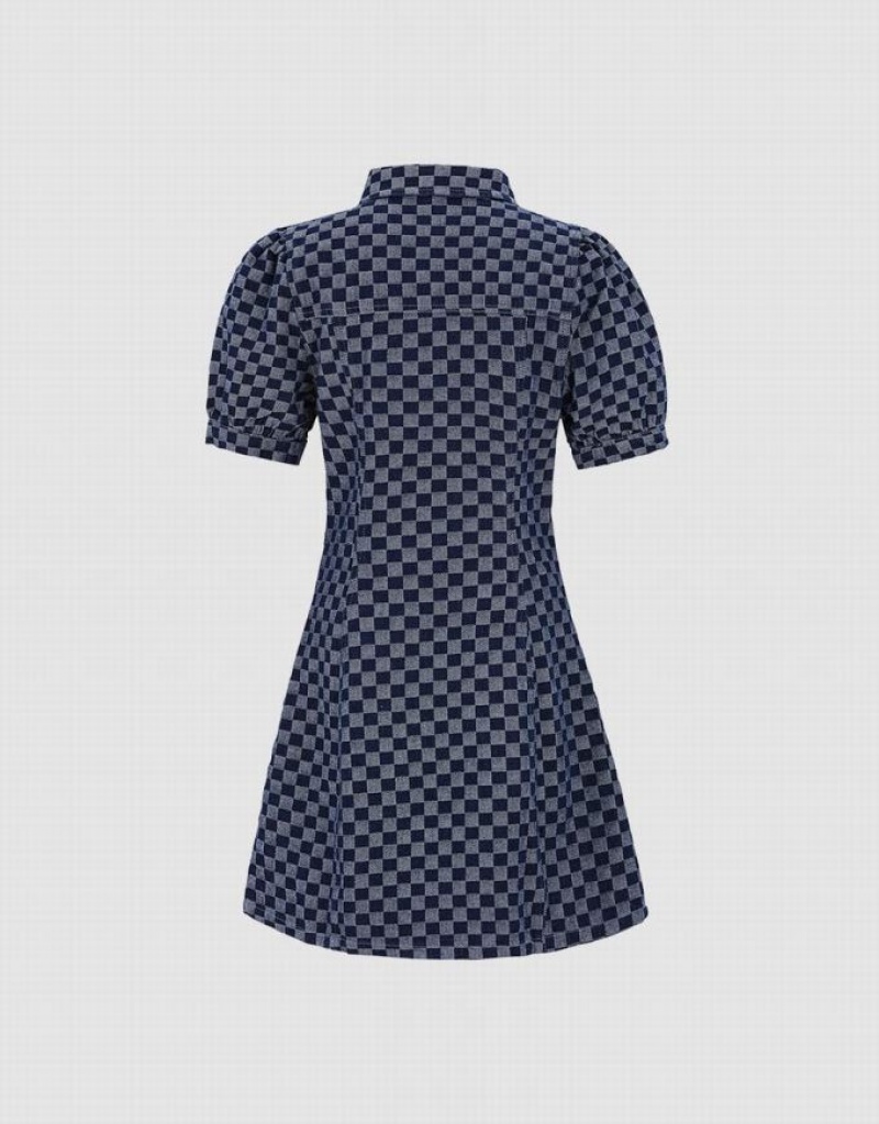 Urban Revivo Checkered Cut Out Front Women's Denim Dress Blue | FMVIXKN-76