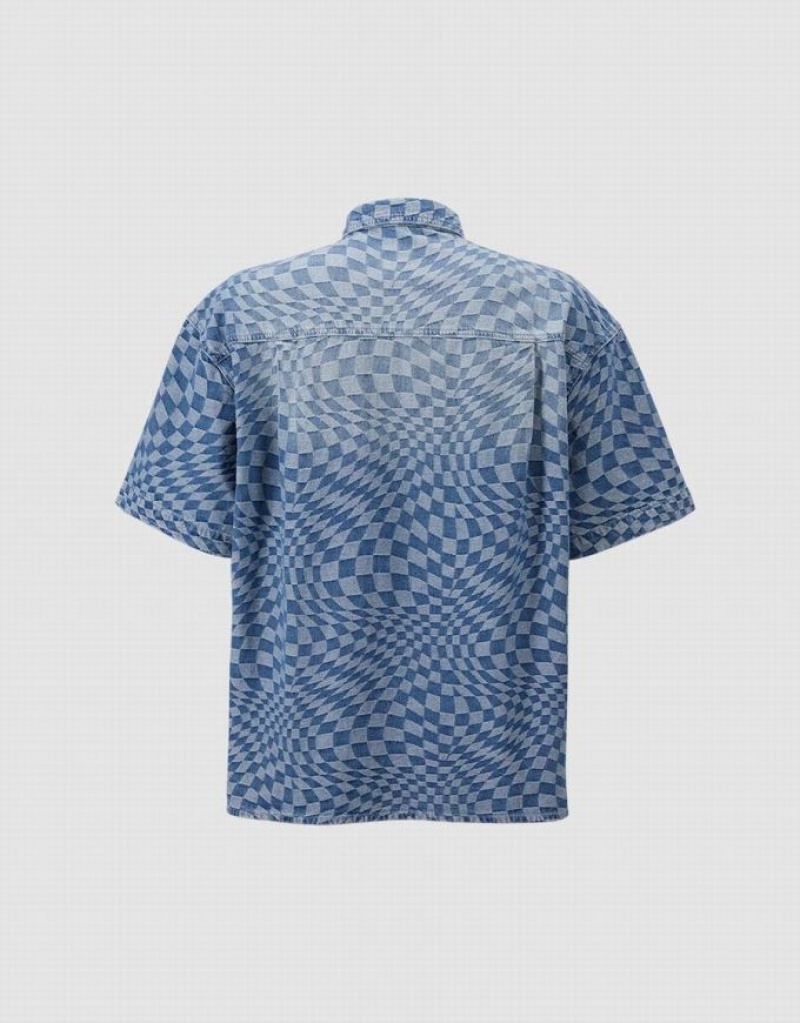 Urban Revivo Checkered Denim Men's Shirts Blue | TVOMDNA-92